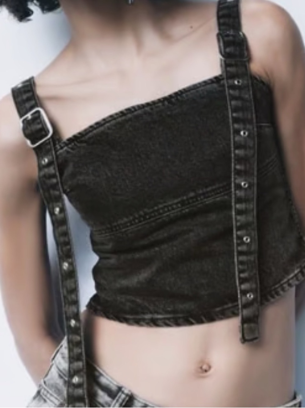 Zara Black Denim Asymmetric Strap Crop Top